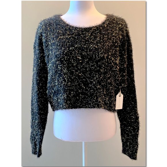 Francesca's Crop Black & Gold Metallic Fuzzy Sweater Size Medium Ivory Rose NWT - Picture 2 of 11